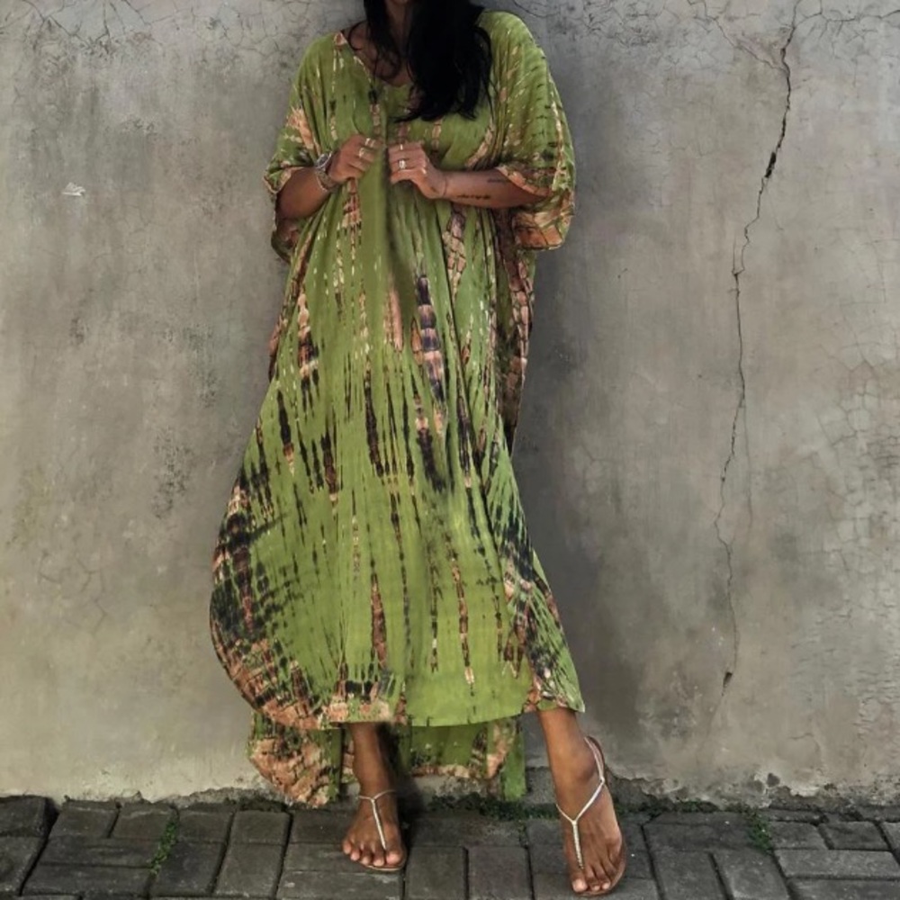 Lime Green Boho Tie Dye Kaftan Kimono Dress - Picture 2 of 6